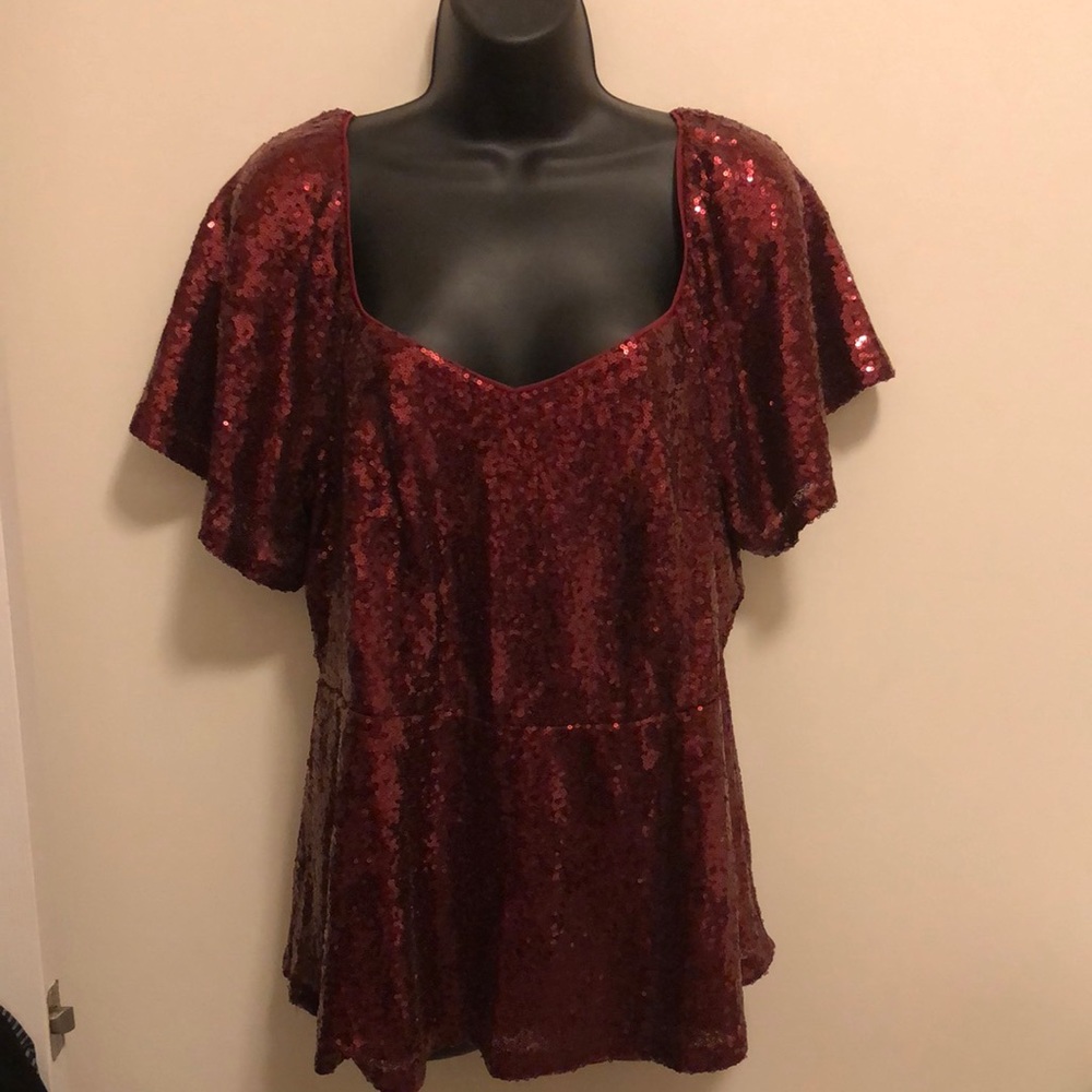 Red Burgundy Sequins Peplum Top